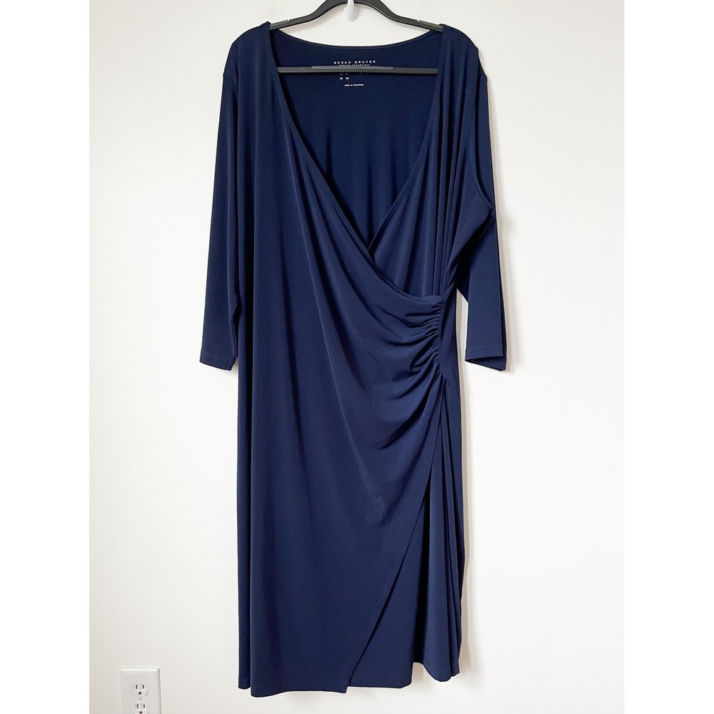 Susan Graver Liquid Knit Faux Wrap Midi Dress Navy Blue Womens 3X